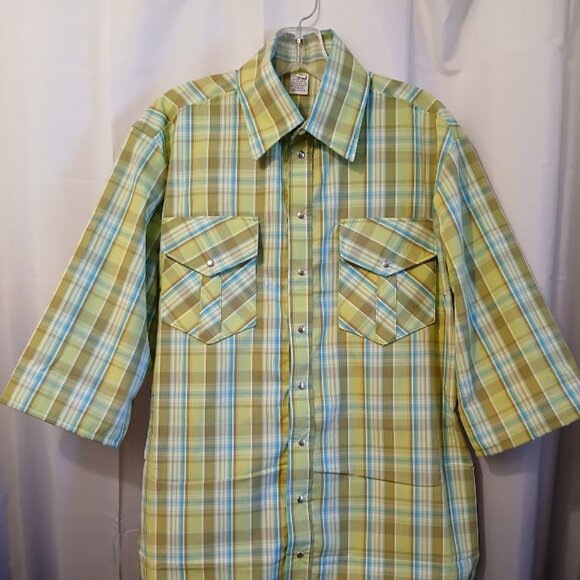 New Mens Western Cowboy Snap Shirt M Plaid short sleeve Mint Olive Blue collared - Picture 2 of 9